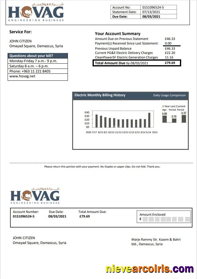 Syria HOVAG Company electricity utility bill